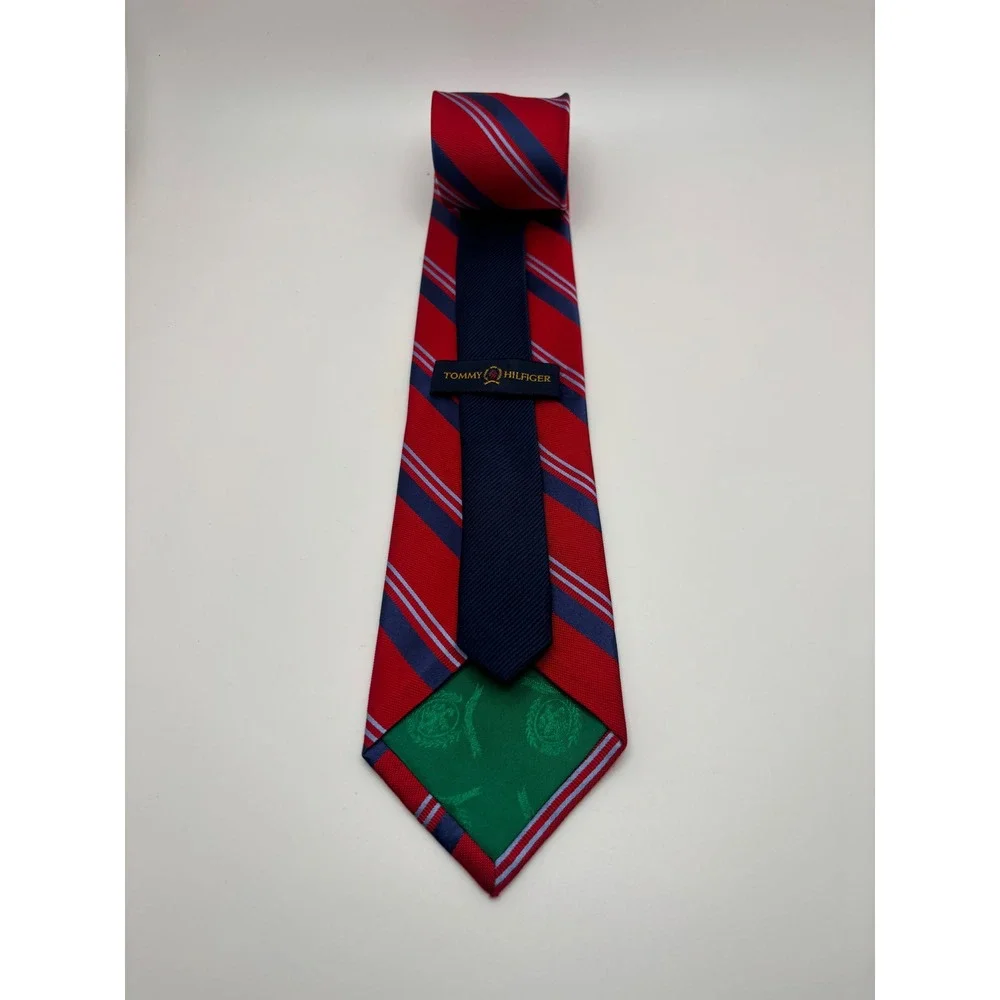 Tommy Hilfiger Mens Necktie Red Navy Blue Light Blue Striped Silk Blend Tie